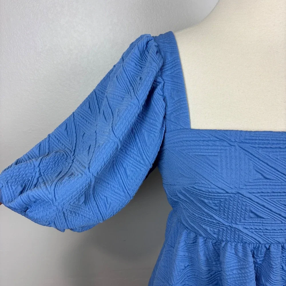 Free People Violet Puff Sleeve Mini Dress Blue Babydoll Textured‎ Matelasse Knit